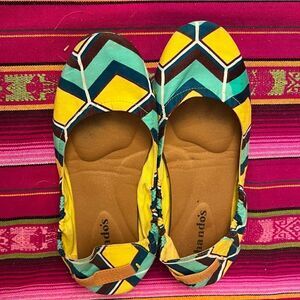 THANDO'S Teal & Yellow Geometric Pattern Cotton Foldable Ballerina Slippers